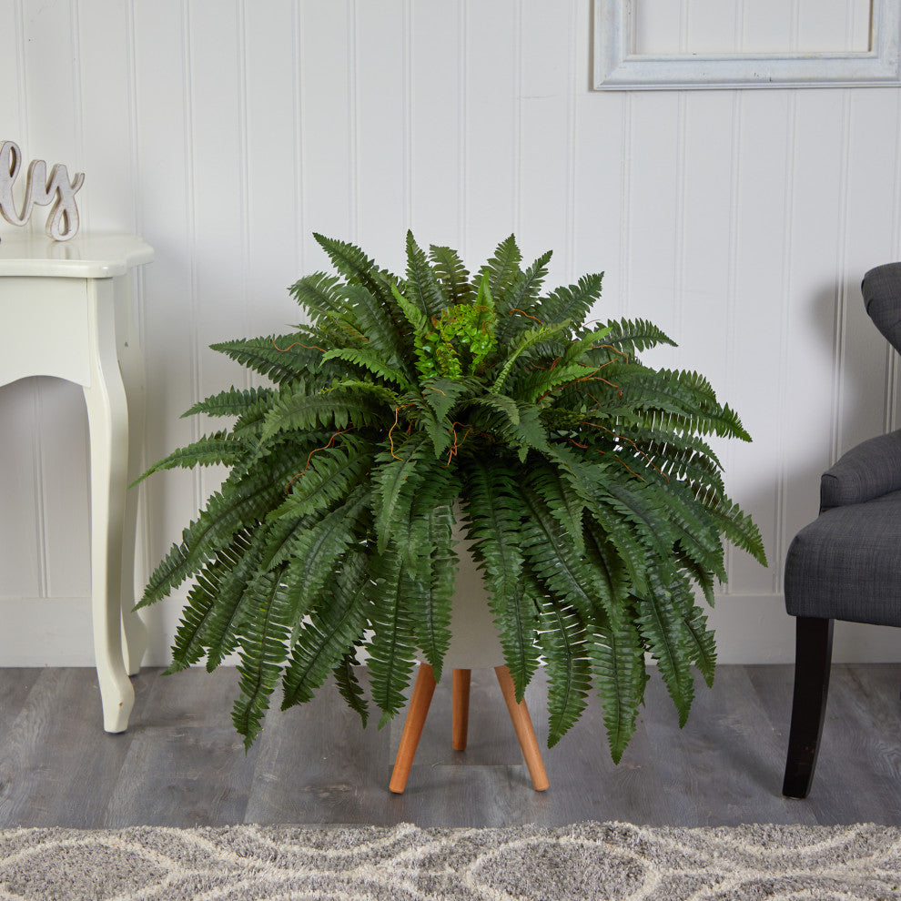 2.5' Boston Fern Artificial Plant, White Planter With Legs