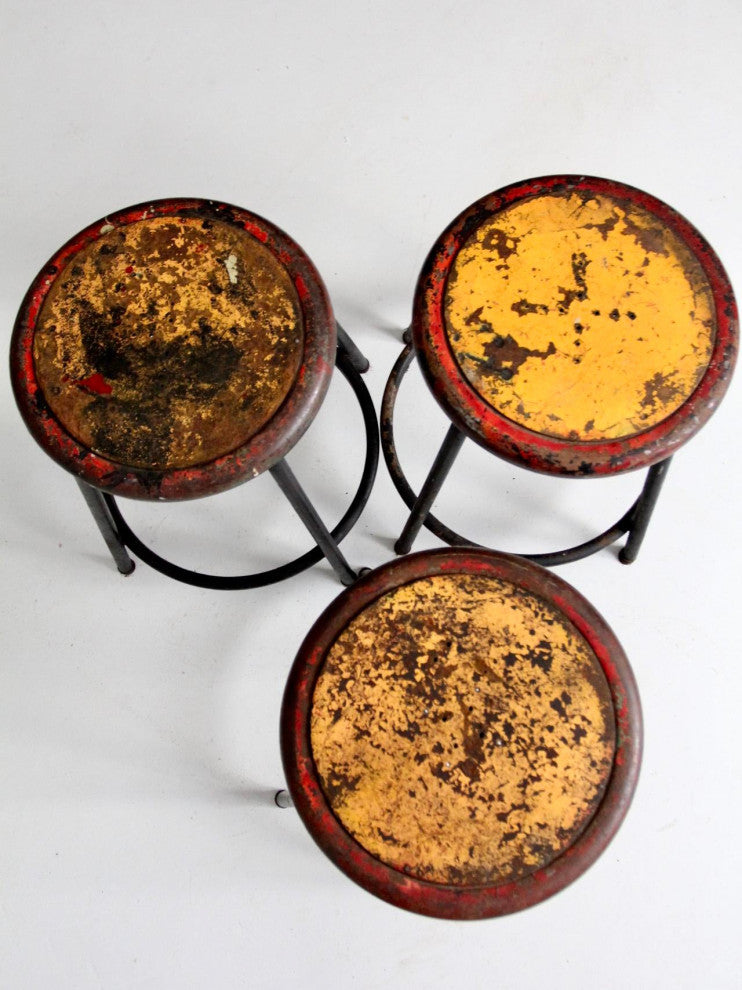 Consigned, Vintage Industrial Stools Set of 3