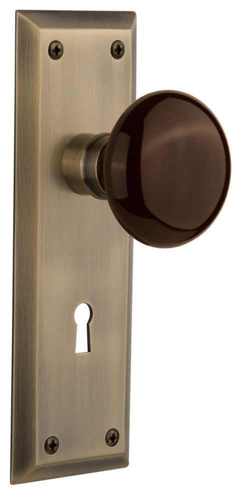 New York Plate Passage Brown Porcelain Knob, Antique Brass