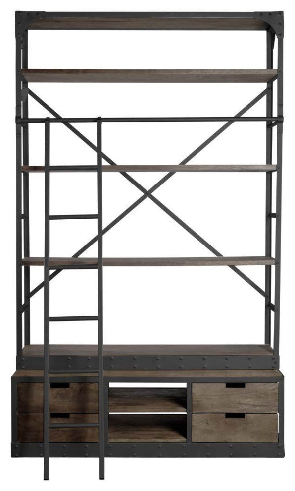 94" Brown Metal and Wood Four Tier Ladder Bookcase
