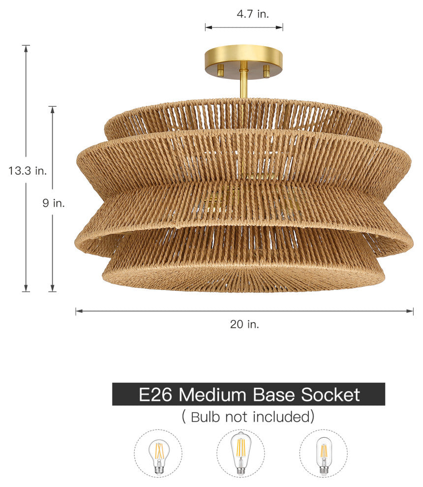 Semi-Flush Mount Ceiling Light, Brown, 20'''' Wide
