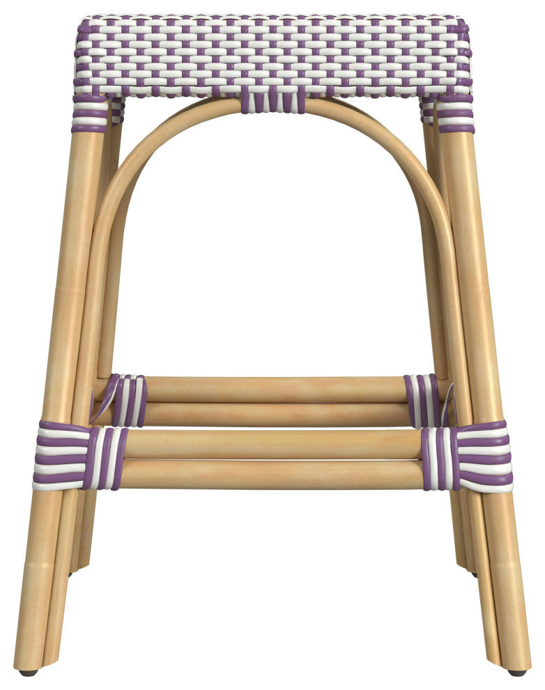 Robias Rectangular Rattan 24.5" Counter Stool, White and Purple Dot
