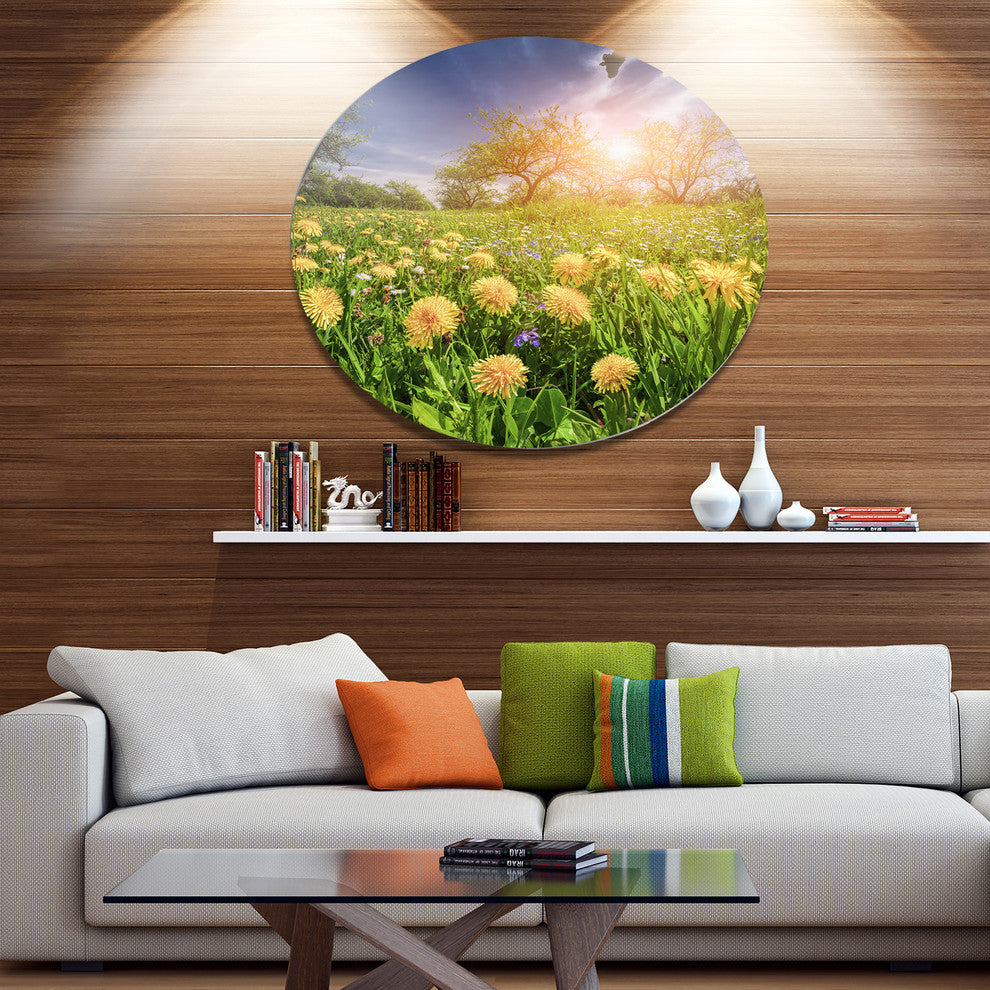 Blossom Dandelions In Green Garden, Landscape Disc Metal Artwork, 36"