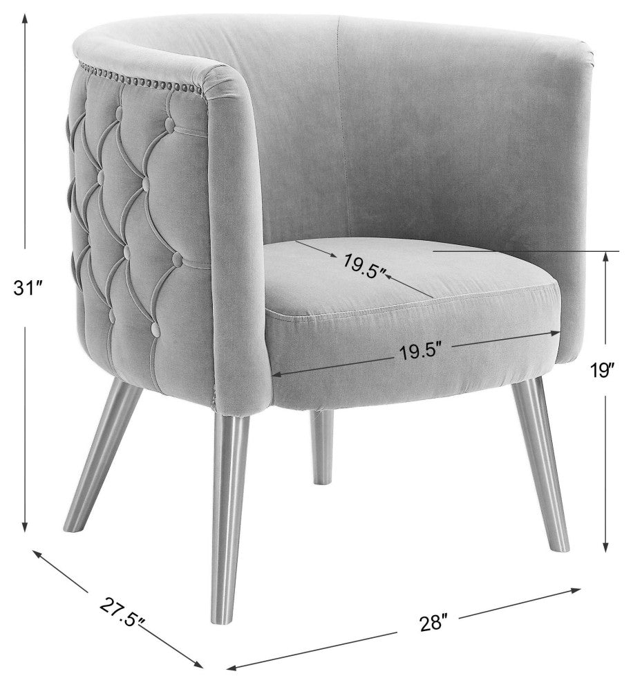 Mid Century Gray Velvet Barrel Tub Chair, Button Diamond Tufted Gold Metal Legs