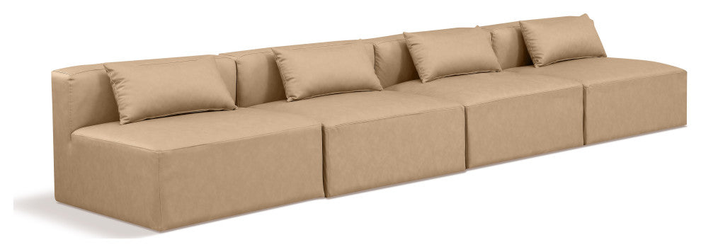 Cube Upholstered Modular Sofa, Tan, 4-Piece: 4 Armless Chair, Vegan Leather