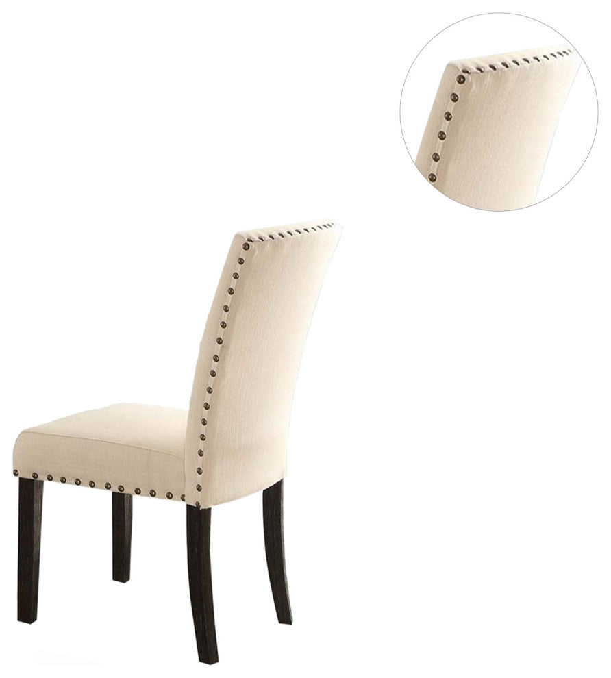 Set of 2 Beige Linen Side Chair, Salvage Dark Oak Finish
