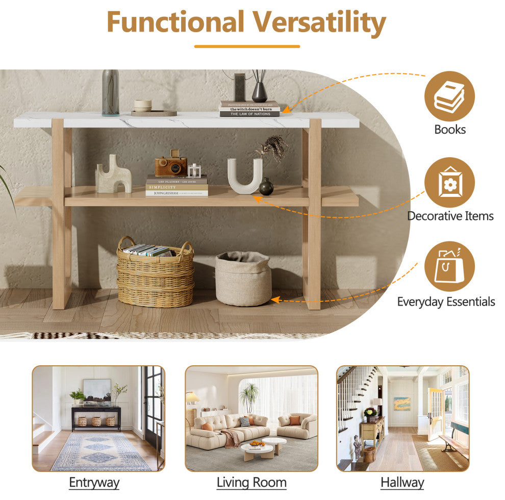 TATEUS Narrow Console Table with Marble-Effect Top for Entryway and Living Room, Natural
