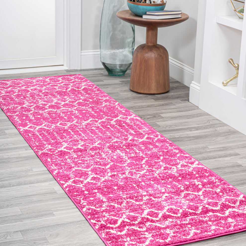 Moroccan HYPE Boho Vintage Diamond Runner Rug, Fuchsia/Ivory, 2 X 8