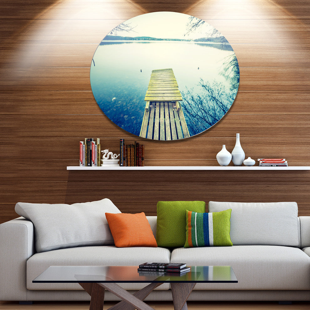 Sunset Over Tranquil Lake, Bridge Large Disc Metal Wall Art, 11"