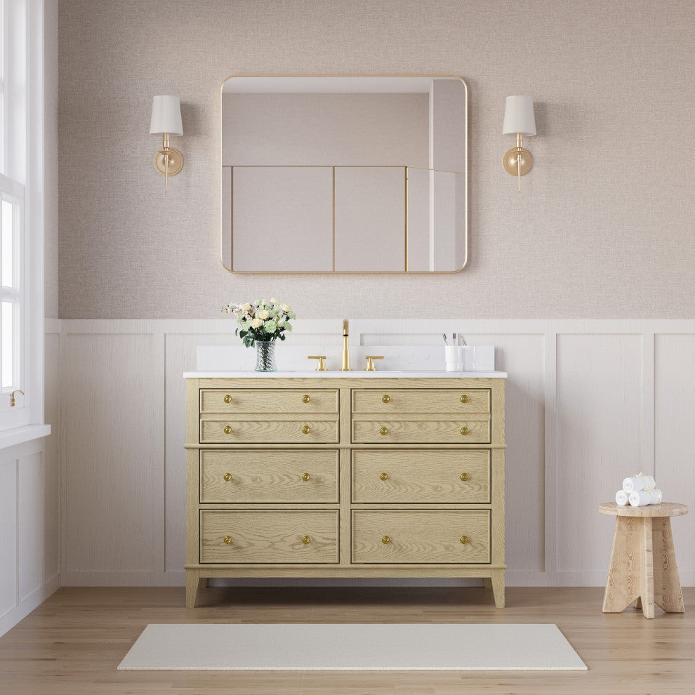 Oak Solid Wood Bath Vanity with White Quartz Top, Soft-Close, CUPC Certified, 48"
