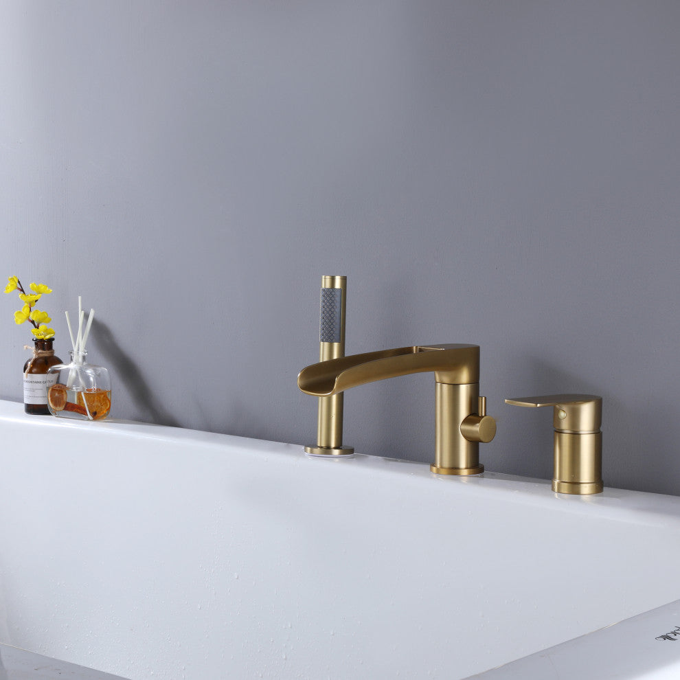 Double Handle Deck Mounted Roman Tub Faucet with Handshower, Brushed Gold