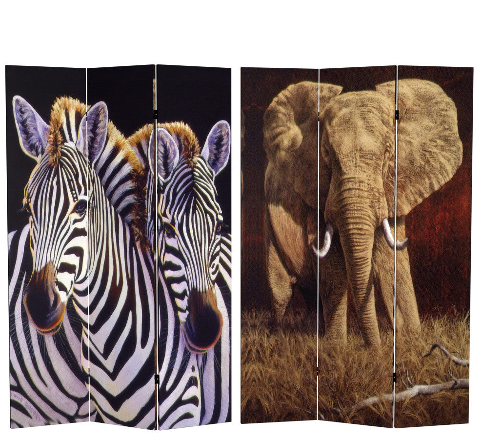 6' Tall Double Sided Elephant and Zebra Canvas Room Divider