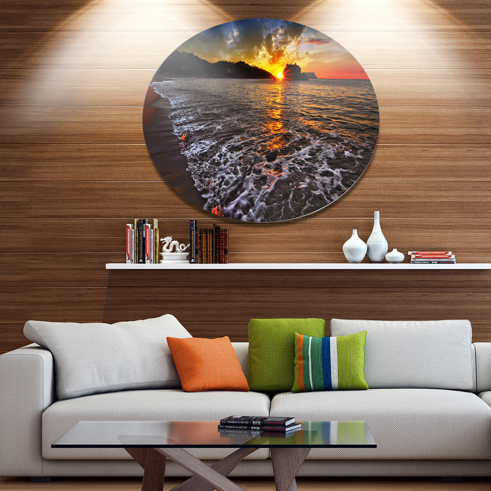 Setting Sun And White Waves, Seashore Round Wall Art, 23"