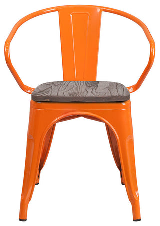 Orange Metal Chair with Wood Seat and Arms