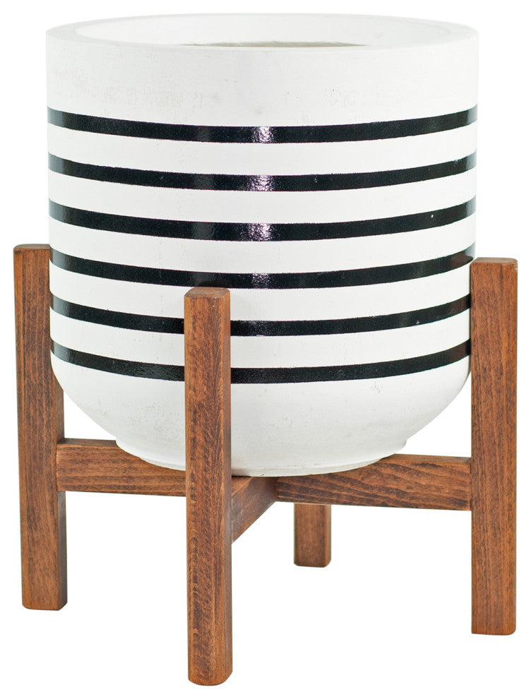 Extra Large Handcrafted Fiber Clay Pot 13'' With Wood Plant Stand Walnut Color