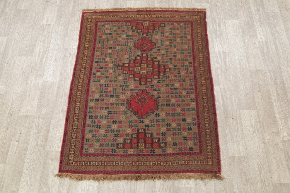 Kilim Oriental Traditional Hand-Woven Persian Area Rug, Green, 5'5"x4'1