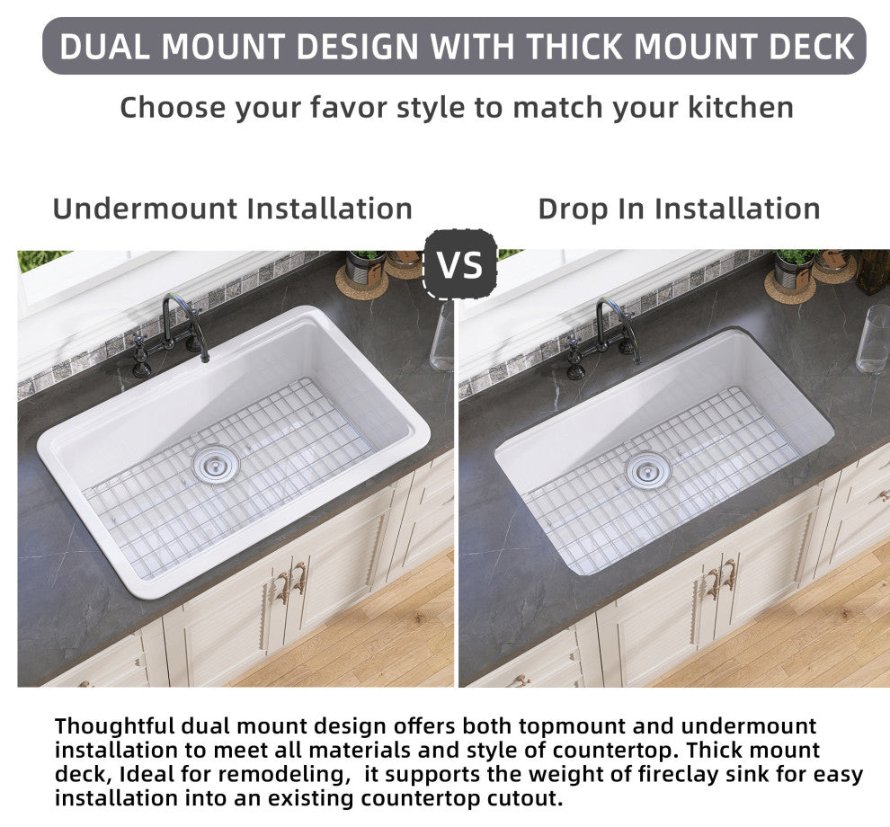 33"Lx22"W Drop-in/Undermount Farmhouse Fireclay Kitchen Sink With Accessories