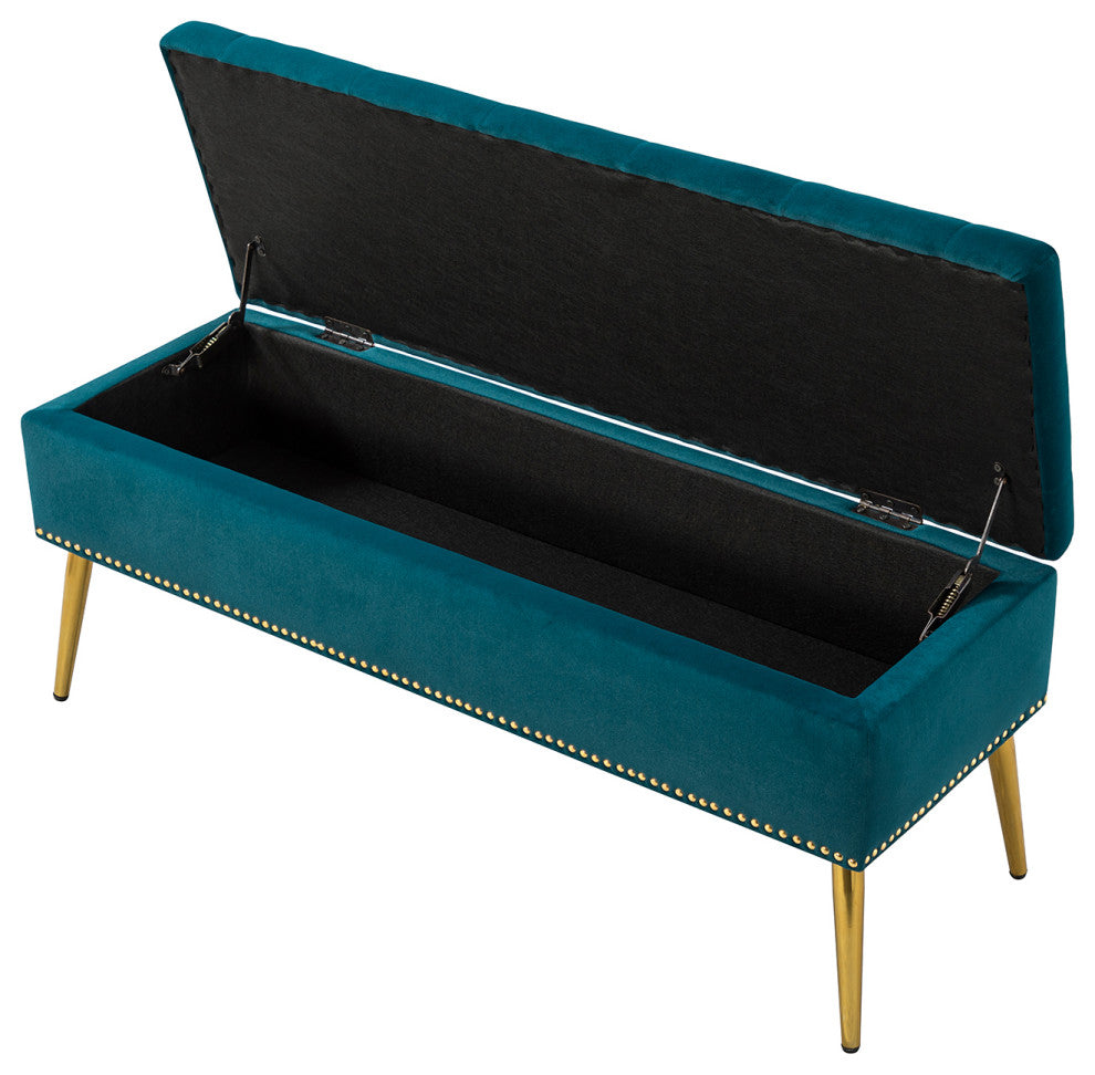 Button-tufted Storage Bench with Nailhead Trim, Teal