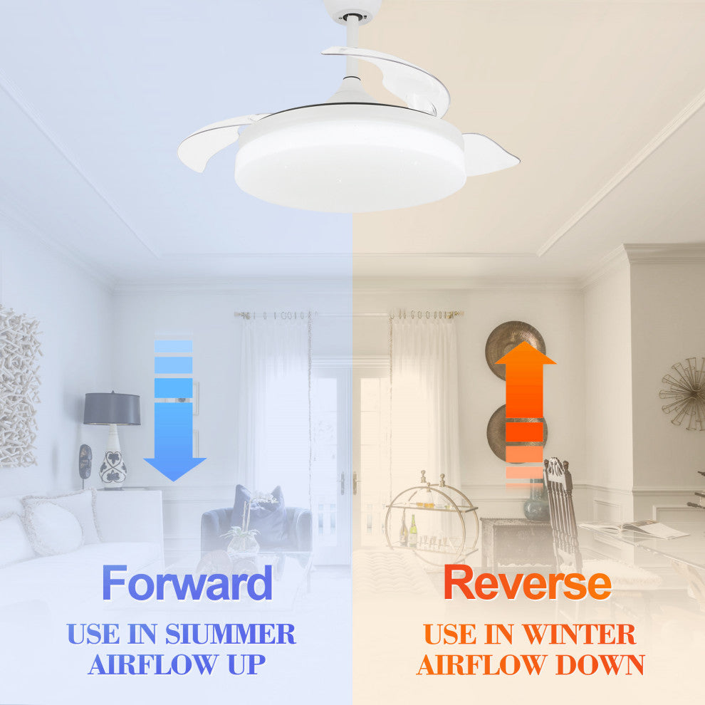 42" Reversible Ceiling Fan with Retractable Blade and Led Light 36W, White, 42"