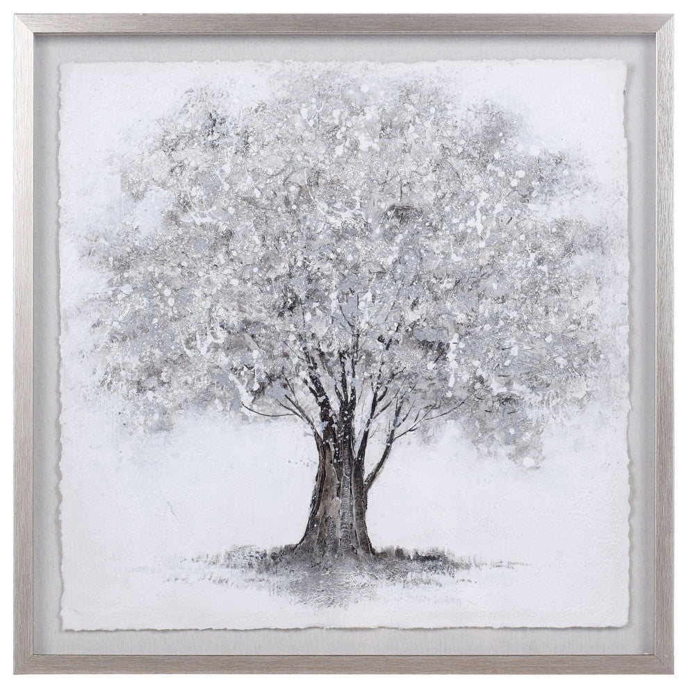 Silver Foliage Shadow Box Wall Art With Foil On Rice Paper Gray Wash Frame