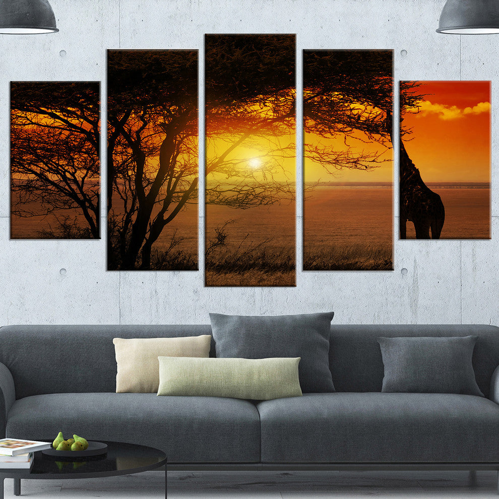 Typical African Sunset with Giraffe, Landscape Canvas Art, 60"x32", 5 Panels