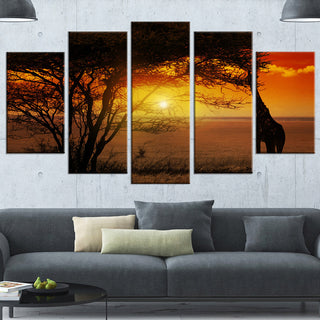 Typical African Sunset with Giraffe, Landscape Canvas Art, 60"x32", 5 Panels