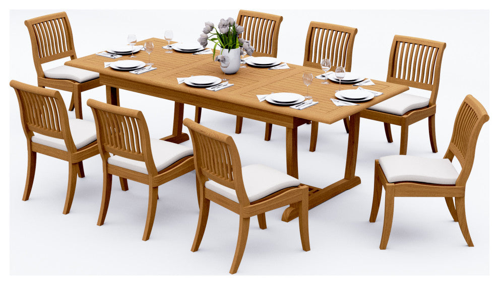 9-Piece Outdoor Teak Dining Set: 94" Masc Rectangle Table, 8 Arbor Armless Chair