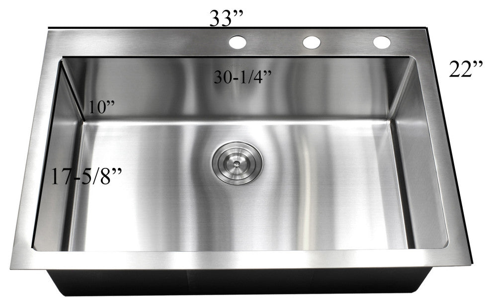 33" Topmount 16 Gauge Single Bowl, Sink With Faucet and Strainer