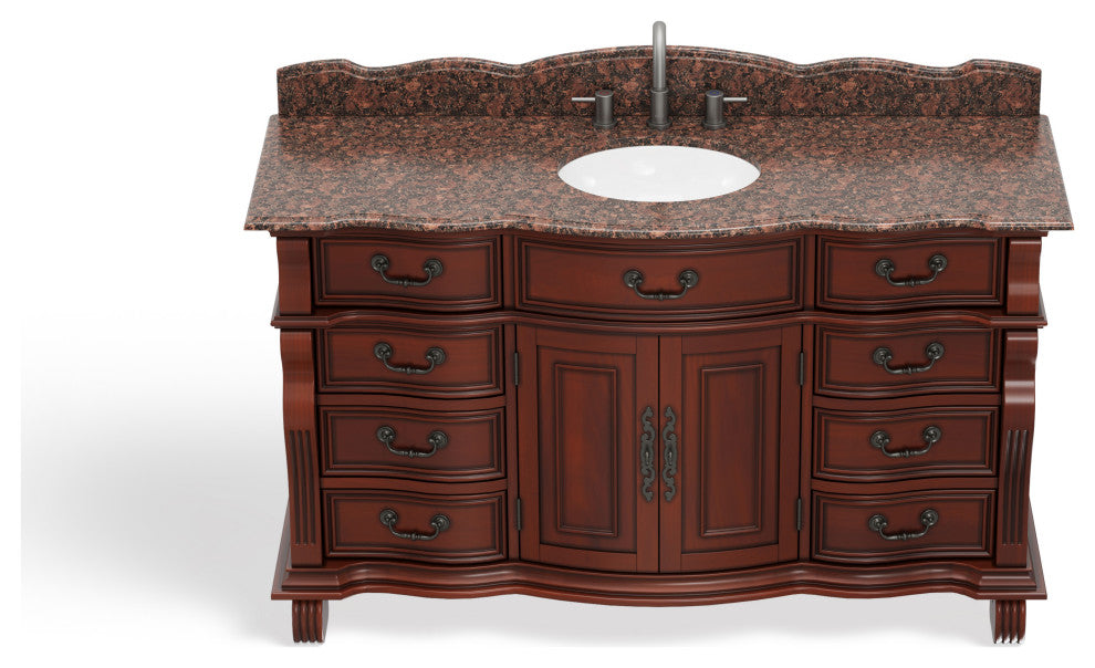 60 inch Cherry Wood Hopkinton Bathroom Sink Vanity Baltic Brown Stone Top, Cherry, 60", Single Sink, Freestanding, With Mirror