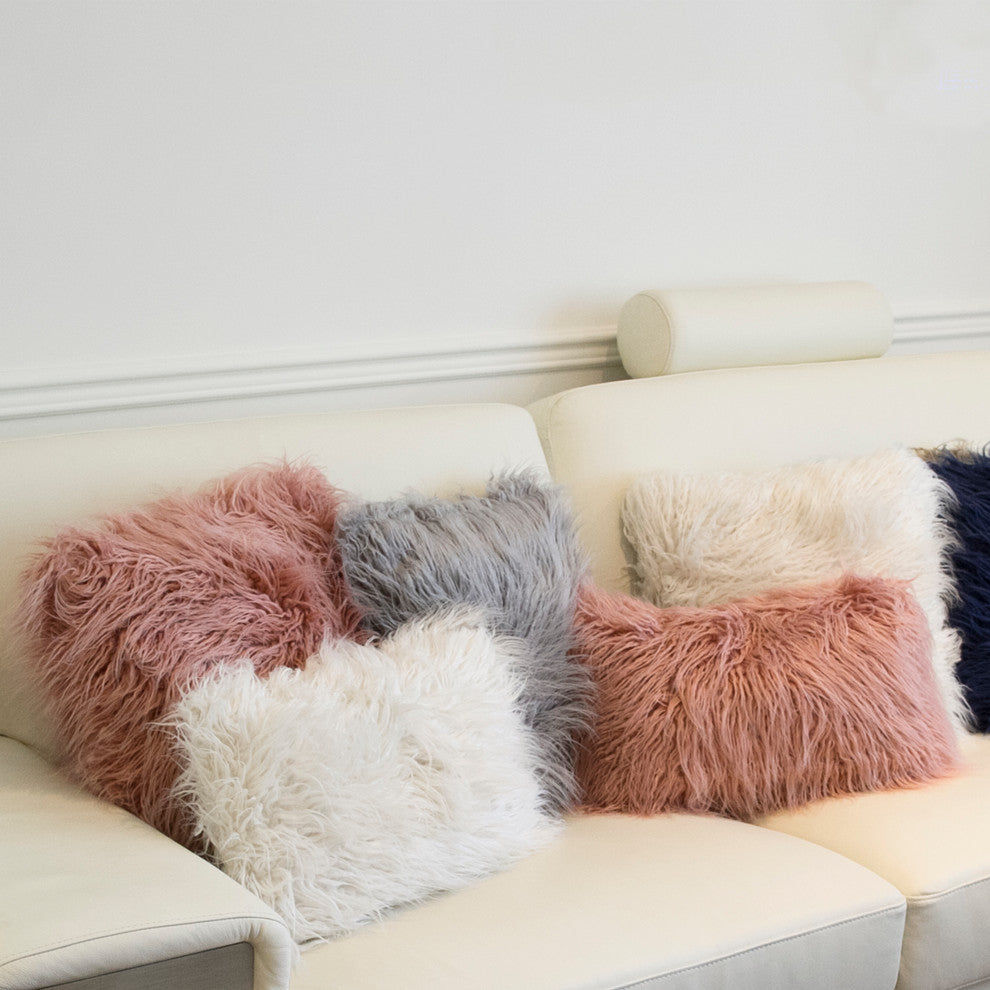 Frisco Mongolian Sheepskin Faux Fur Pillows, Set of 2, Stone White, 12"x20"