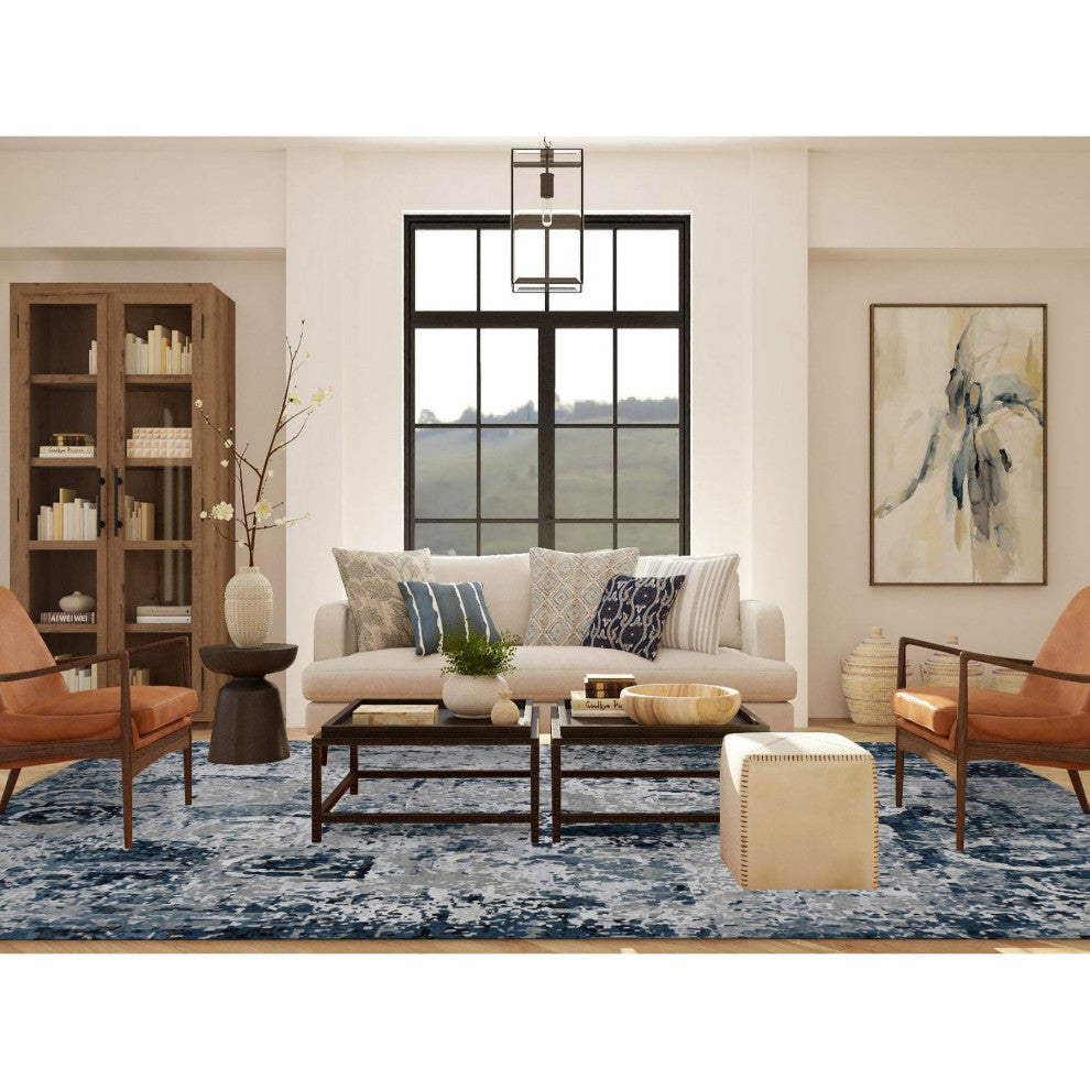 Arsenic Gray Hand Knotted Erased Circles Design Wool and Silk Rug 9'3"x12'