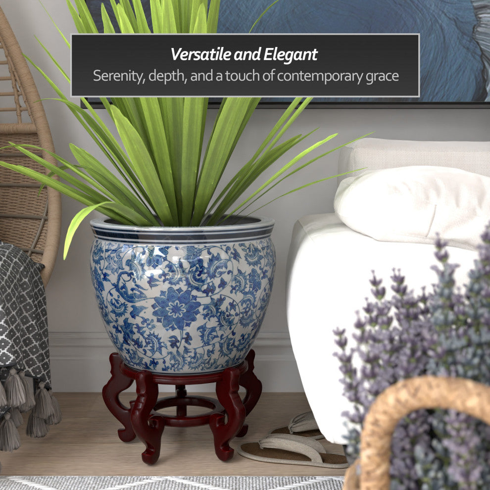 16" Floral Blue and White Porcelain Fishbowl