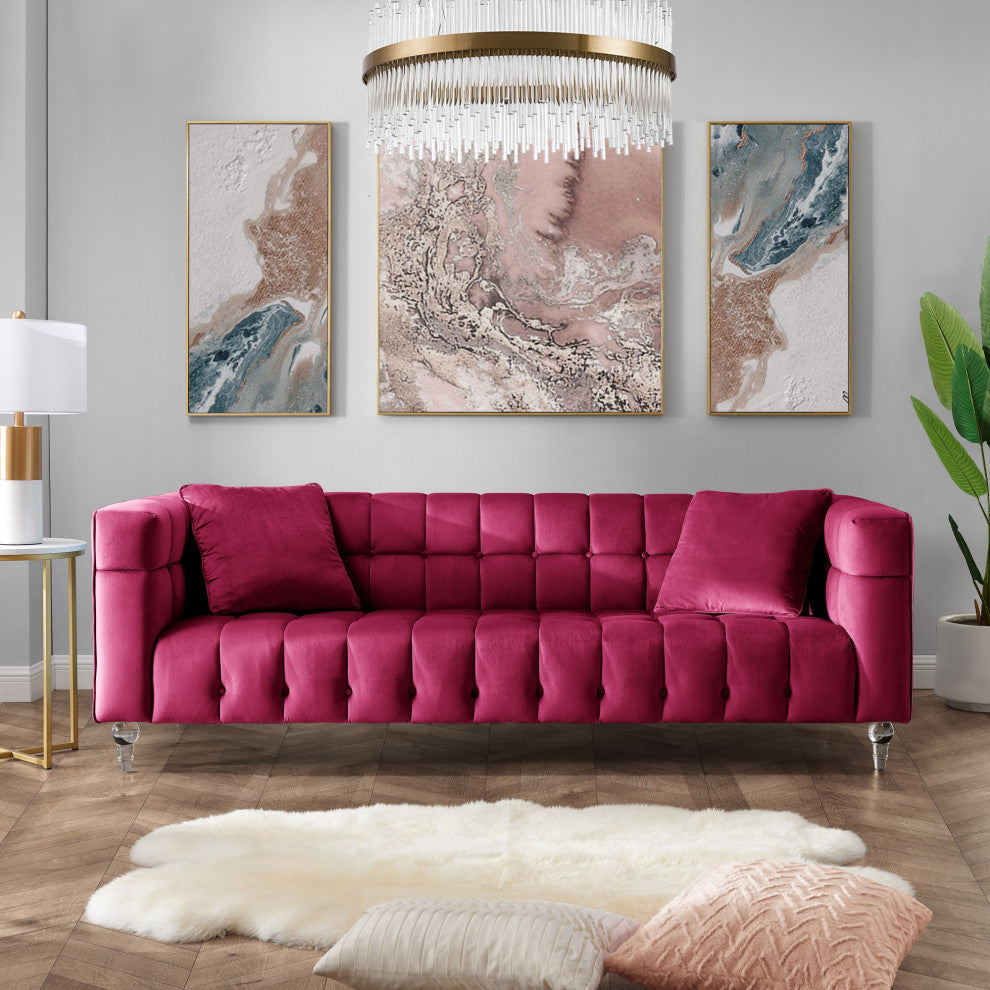 Inspired Home Iker Sofa Biscuit Tufted, Velvet, Fuchsia