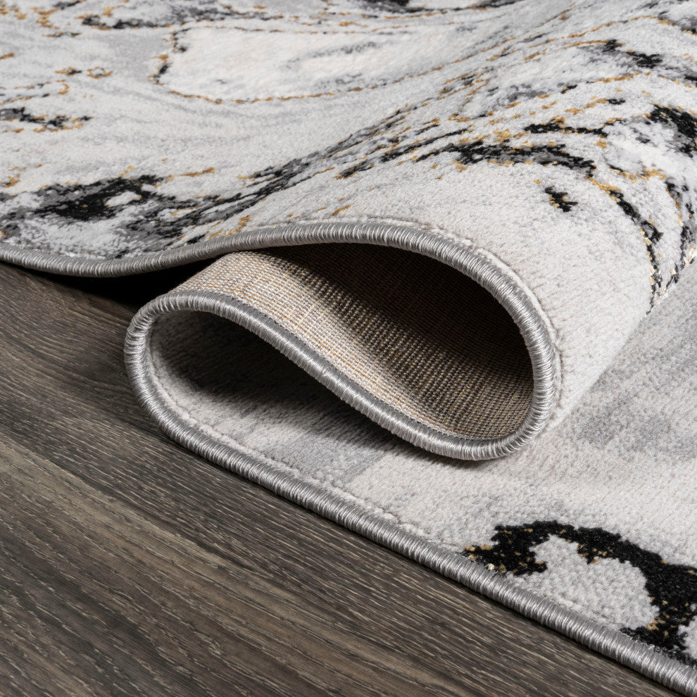 Swirl Marbled Abstract Area Rug, Gray/Black, 2'x10'