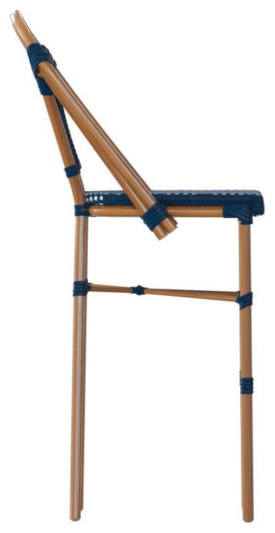 Set of 2 Stackable Indoor/Outdoor French Bistro 30" High Bar Stools, Navy & White/Natural Frame