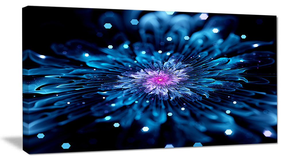 Blue Fractal Flower with Shiny Particles, Flower Artwork on Canvas, 32"x16"