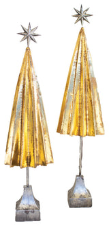 Set of Two Folded Gold Metal Trees with Silver Star
