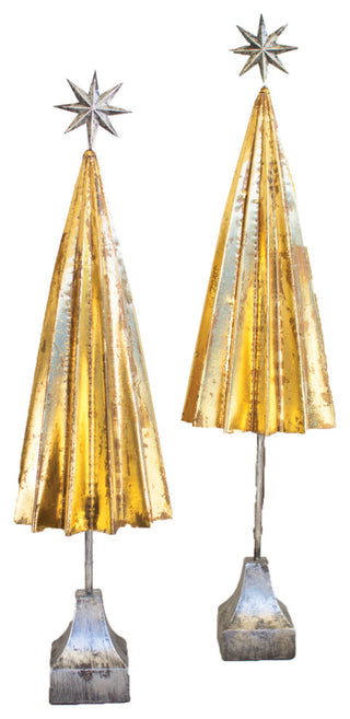 Set of Two Folded Gold Metal Trees with Silver Star