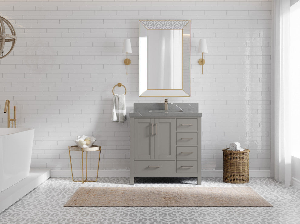Malibu 36 Center Sink Bath Vanity in Elephant Skin Gray 2" Piatra Gray