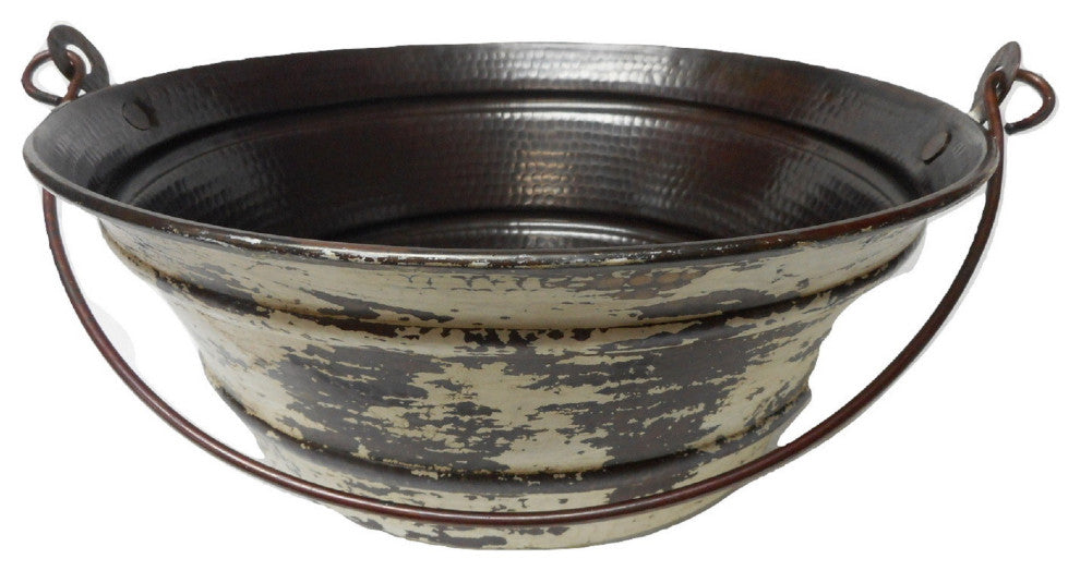 Round Copper Vessel Bath Sink BUCKET Style in Distressed Antique White Exterior