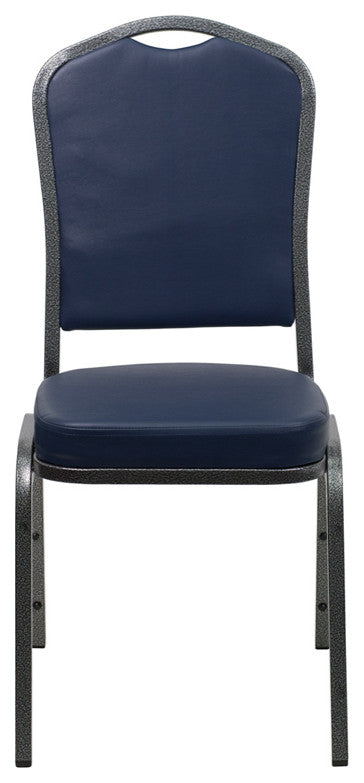 Crown Back Stacking Banquet Chair in Navy Vinyl - Silver Vein Frame