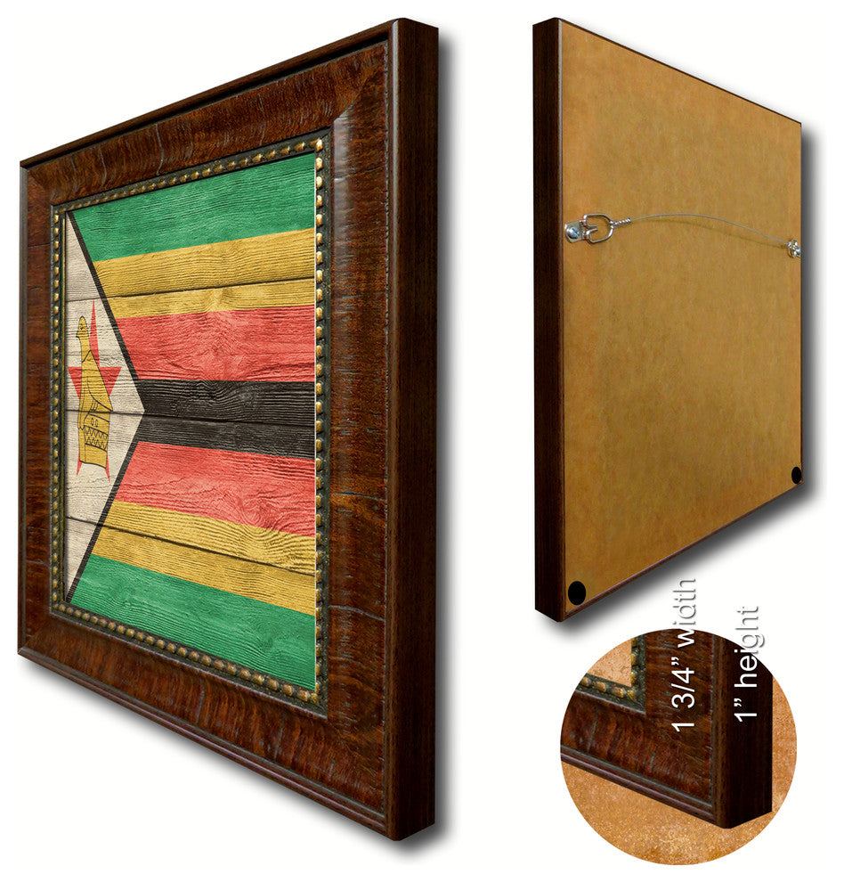 Zimbabwe Country Textured Flag Print With Brown Gold Frame, 15"X21"