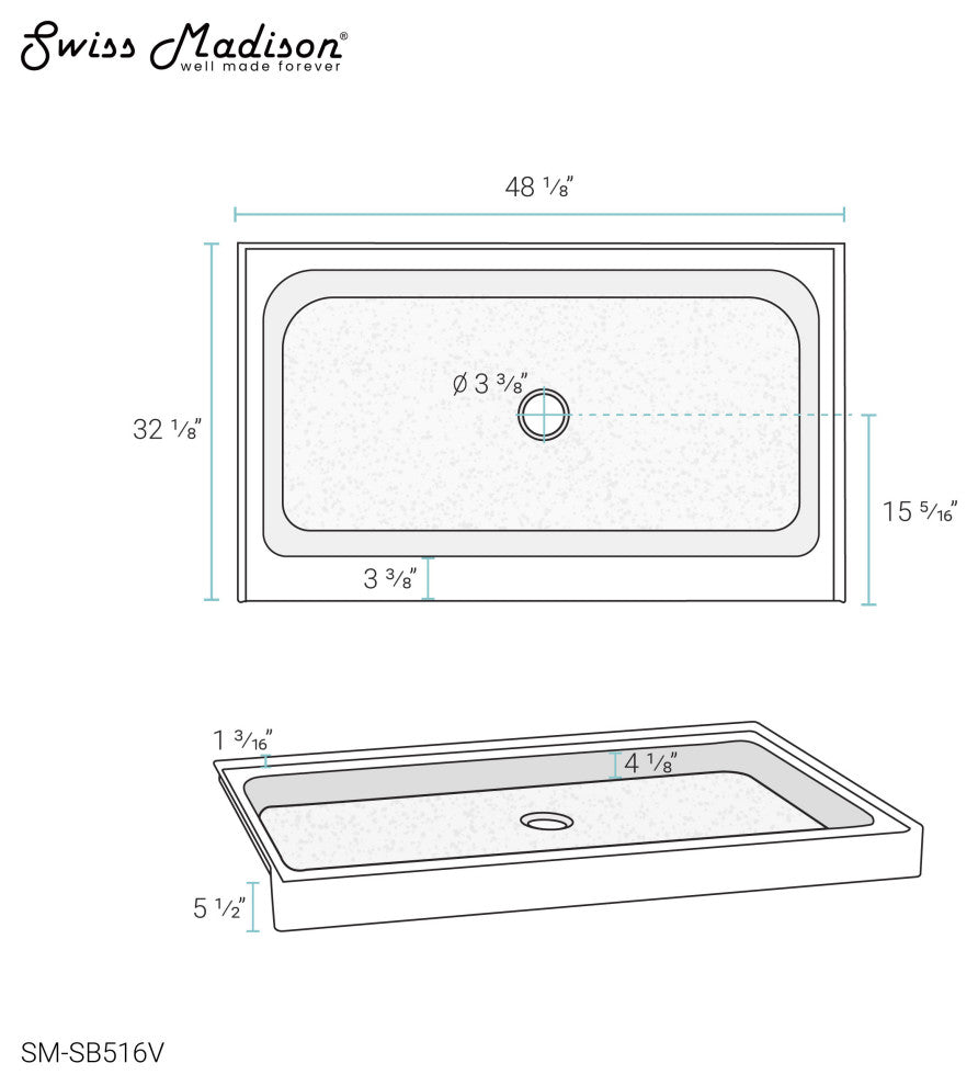 Voltaire 48"x32" Single-Threshold, Center Drain, Shower Base, Biscuit