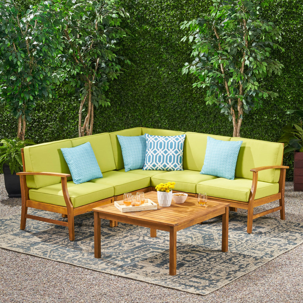Outdoor 5-Seat V Shaped Acacia Sectional With Table, Green