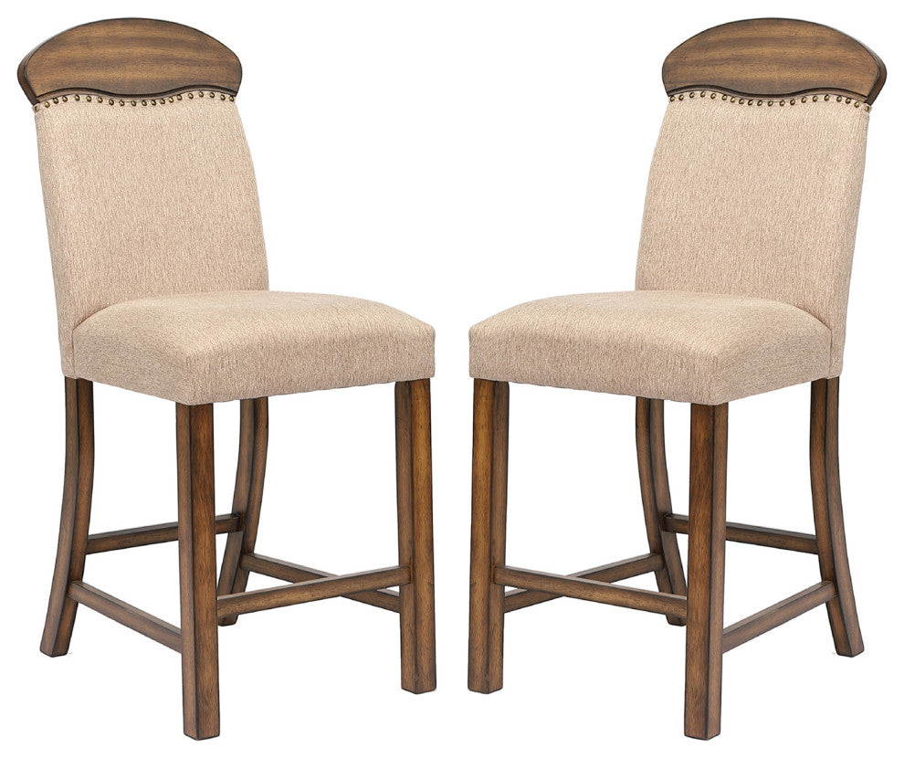 Set of 2 Linen Upholstered Counter Height Chair, Oak Finish
