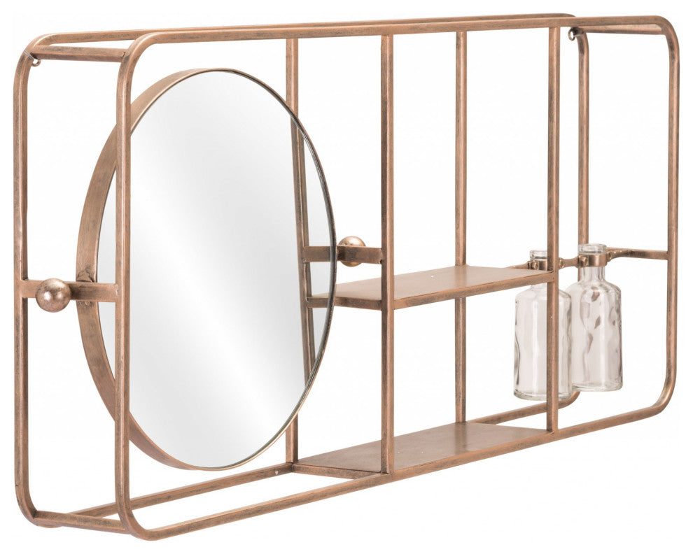 Gold Horizontal Shelf With Round Mirror