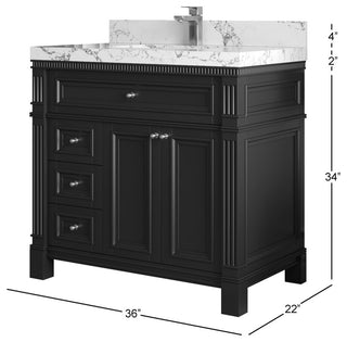 Paris 36" Center Sink Bathroom Vanity, Black 2" Calacatta Gold