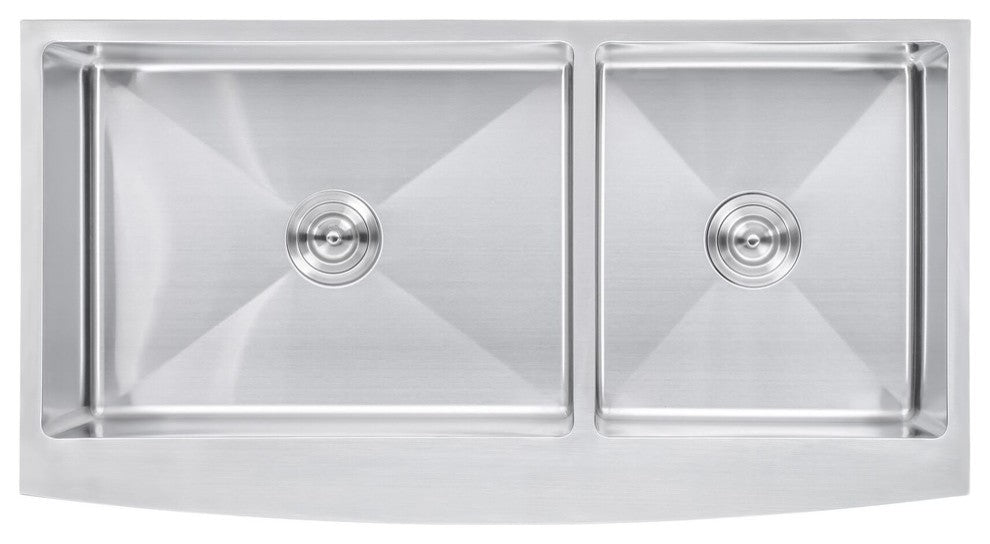 42" Curved Front Offset Double Bowl Stainless Steel Farmhouse Sink