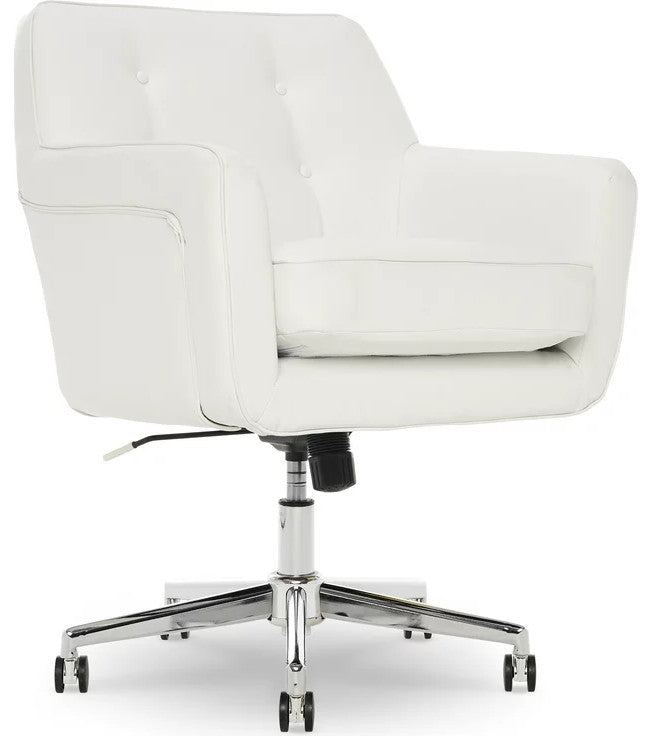 Swivel Office Chair, Memory Foam Seat & Button Tufted Back, White Faux Leather