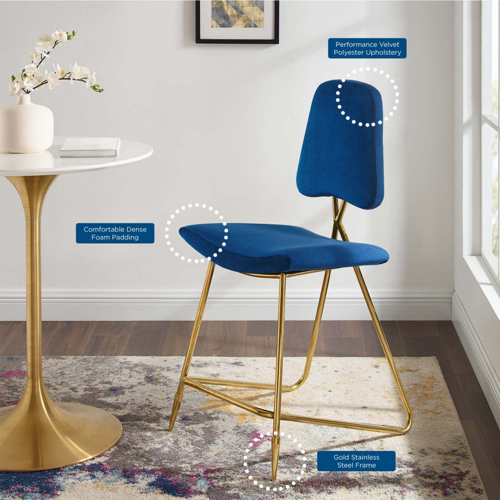 Counter Stool Chair, Set of 2, Velvet, Metal, Blue Navy, Modern, Bar Pub Bistro